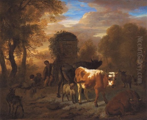 Hirte Und Herde In Einer Sudlichen Landschaft (+ Eine Herde, Ein Maultier Und Ein Hirte Vor Antiken Ruinen In Einer Sudlichen Landschaft; Pair) Oil Painting by Dirk van Bergen