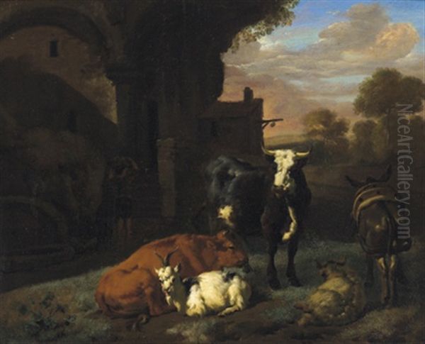 Eine Herde, Ein Maultier Und Ein Hirte Vor Antiken Ruinen In Einer Sudlichen Landschaft Oil Painting by Dirk van Bergen