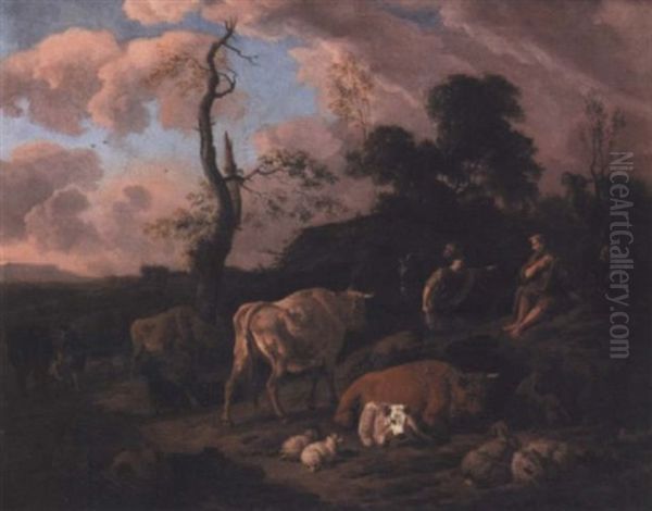 An Italianate Landscape With A Traveller Asking Directions Of A Shepherd Surrounded By Sheep And Cattle Oil Painting by Dirk van Bergen