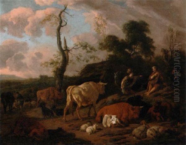 An Italianate Landscape With A Traveller Asking Directions Of A Shepherd Surrounded By Sheep And Cattle Oil Painting by Dirk van Bergen