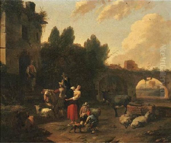 An Italianate Landscape With Herdsmen And Cattle Halting By A Ruined Mansion Oil Painting by Dirk van Bergen