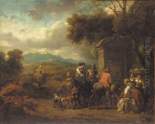 Washerwomen And Horsemen At A Well By A Country Path Oil Painting by Dirk van Bergen