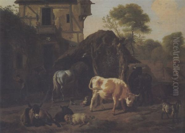 Bewaldete Landschaft Mit Pferd, Esel, Schafen Und Ziege Oil Painting by Dirk van Bergen