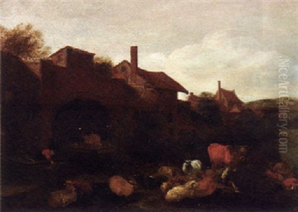 A Village On A River With A Herdsman On A Bank Oil Painting by Dirk van Bergen