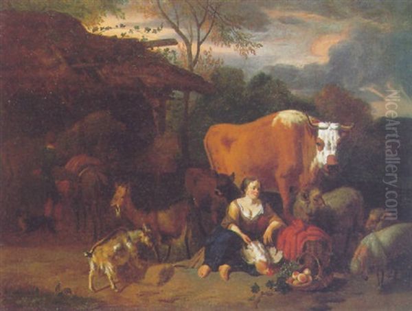 A Milkmaid With A Hen, A Basket Of Fruit, Cattle, Sheep And Goats Beside A Hut In A Landscape Oil Painting by Dirk van Bergen