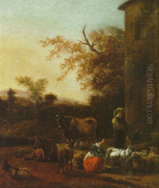 An Italianate Landscape With A Milkmaid And A Herdsman Beside A Villa Oil Painting by Dirk van Bergen