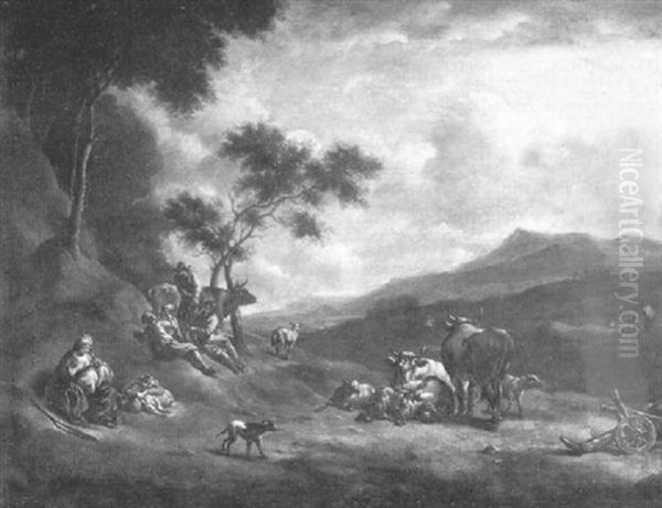 Hilly Landscape With Peasants And Animals Oil Painting by Dirk van Bergen