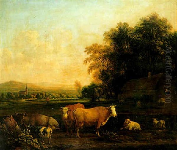 Cattle And A Milkmaid Near Farm Buildings Oil Painting by Dirk van Bergen