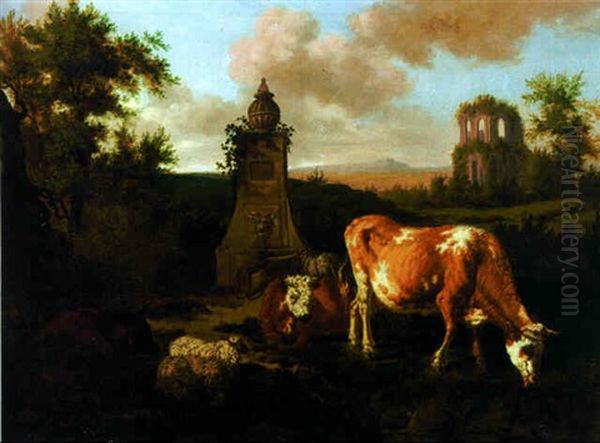 Cattle Grazing By A Fountain, A Classical Ruin Beyond Oil Painting by Dirk van Bergen