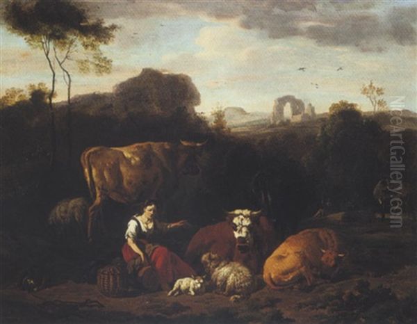 Italianate Landscape With A Shepherdess Resting Near Cattle Oil Painting by Dirk van Bergen