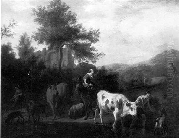 Italianate Landscape With Figures And Cattle Oil Painting by Dirk van Bergen