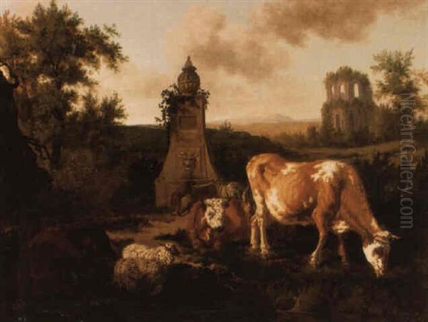 Cattle Grazing By A Fountain, A Classical Ruin Beyond Oil Painting by Dirk van Bergen