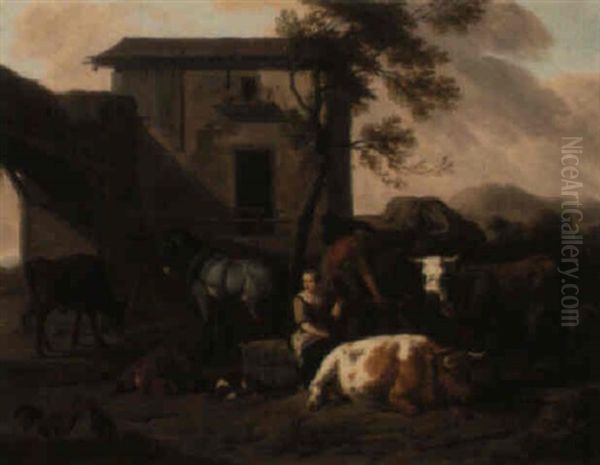 A Peasant Unloading A Cart In A Farm Courtyard Oil Painting by Dirk van Bergen