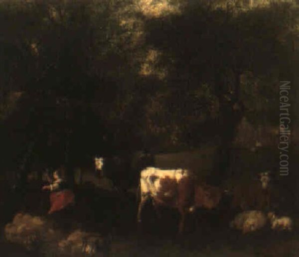 Wooded Landscape With Cows, Sheep And A Shepherdess Oil Painting by Dirk van Bergen