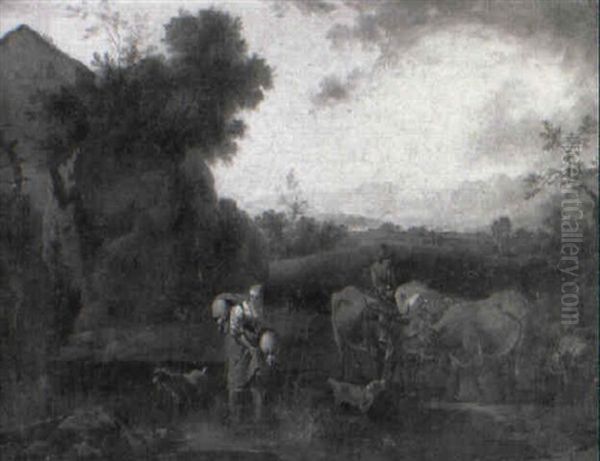 Drovers With Cattle And Sheep At A Pool By A Watermill Oil Painting by Dirk van Bergen