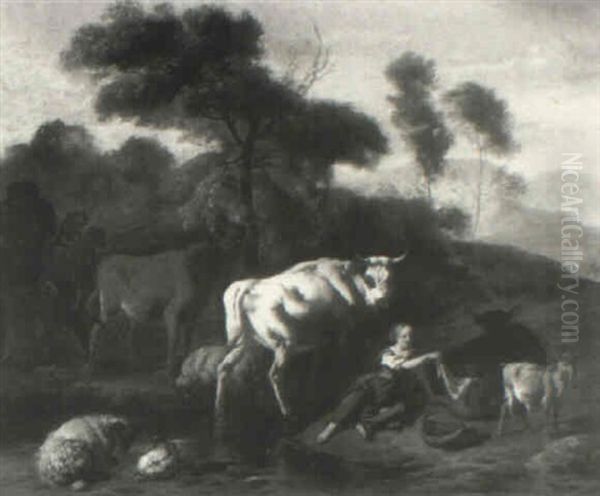 Wooded Landscape With A Peasant Girl, Cattle, Sheep And Goats At A Pool Oil Painting by Dirk van Bergen