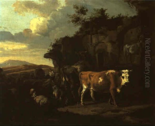 Landschaft Mit Einer Viehherde Vor Ruin