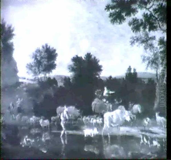 Drovers With Cattle, Goats And Sheep At A Stream Oil Painting by Dirk van Bergen