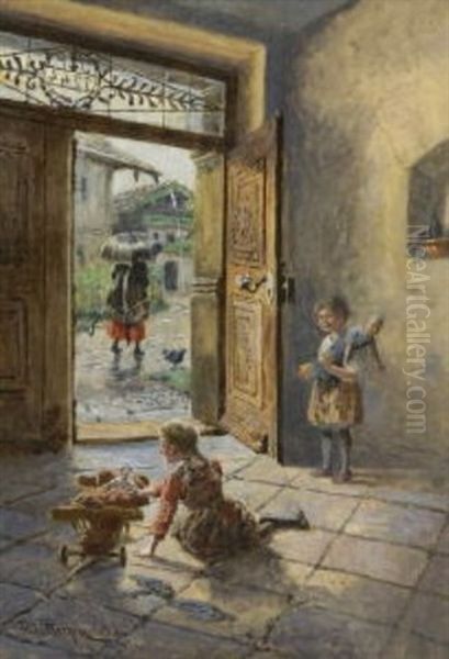 Spielende Madchen Im Hausflur Oil Painting by Fritz Bergen