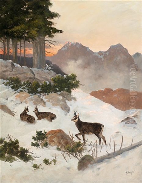 Chamois In Winter Oil Painting by Georg Berger