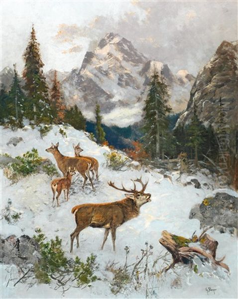 Red Deer In Winter Oil Painting by Georg Berger