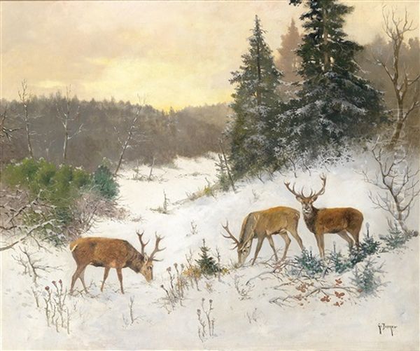 Hirsche Im Winterwald Oil Painting by Georg Berger