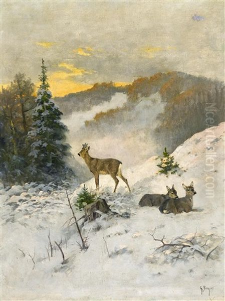 Rehe Im Winter Oil Painting by Georg Berger