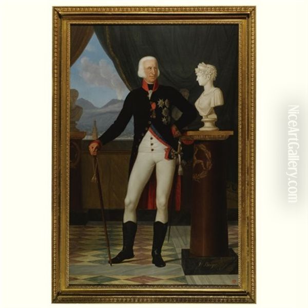 Portrait Of Ferdinand I, King Of The Two Sicilies With A Bust Of Lucia Migliaccio, Duchess Of Floridia Oil Painting by Giacomo Berger