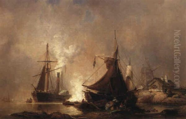 Fartyg Vid Kust Oil Painting by Johann Christian Berger