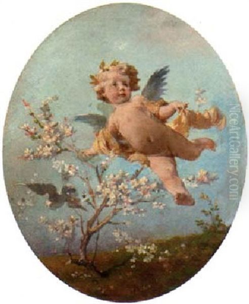 A Putto In Spring-time Oil Painting by Julius Victor Berger