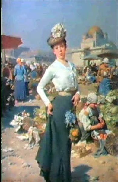 Junge Dame Am Naschmarkt Oil Painting by Julius Victor Berger