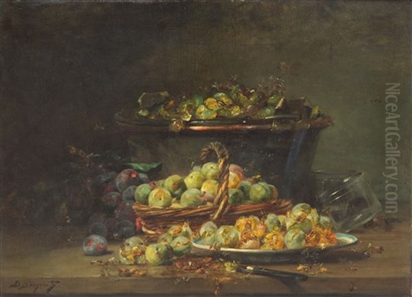 A Still Life With Plums In Baskets And On Plates Oil Painting by Denis Pierre Bergeret