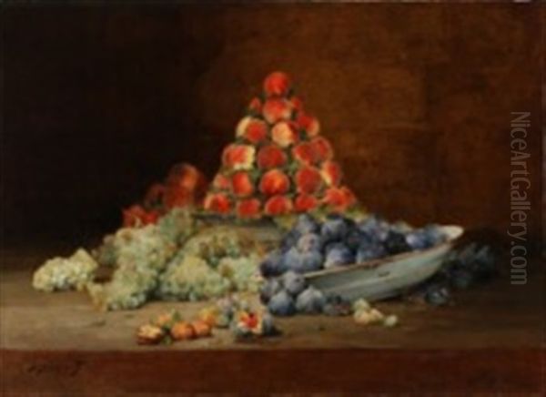 Still Life With Grapes, Figs, Walnuts And Peaches On A Table Oil Painting by Denis Pierre Bergeret