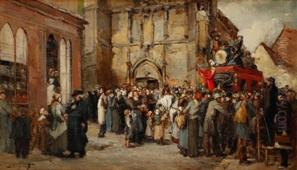 La Diligence Rouge Aux Saltimbanques Oil Painting by Denis Pierre Bergeret