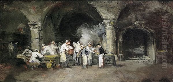 Zahlreiche Personen In Einer Kuche In Grosem Gewolbekeller Oil Painting by Denis Pierre Bergeret