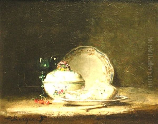 Nature Morte Aux Faiences Et Plat De Fromage Oil Painting by Denis Pierre Bergeret