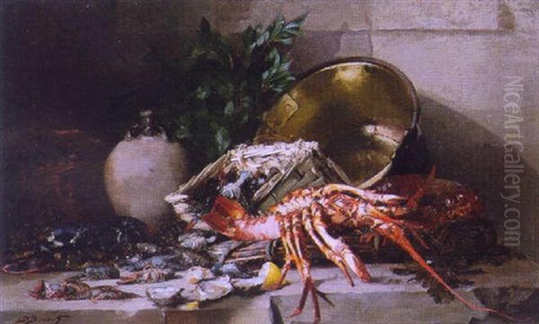 Still Life With Lobster And Seafood Oil Painting by Denis Pierre Bergeret