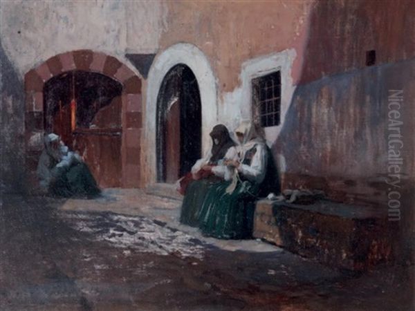 Femmes Assises Dans Une Ruelle Oil Painting by Georges Berges