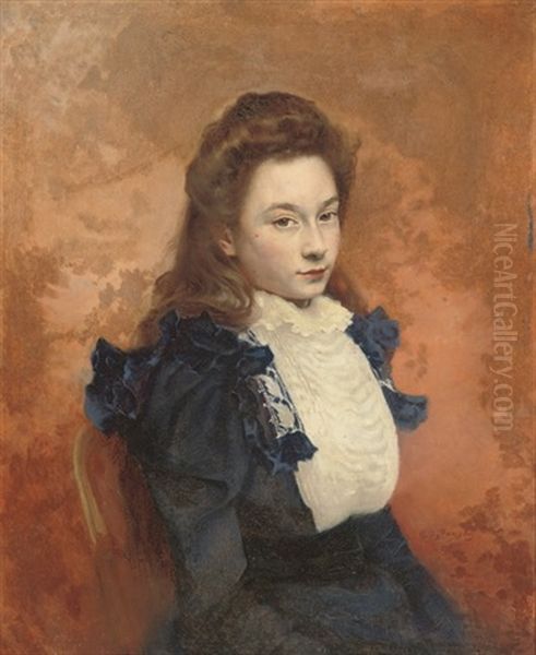 Portrait Of A Girl Seated In A Blue Dress Oil Painting by Edouard De Bergevin