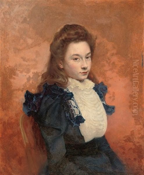 Portrait Of A Girl Seated In A Blue Dress Oil Painting by Edouard De Bergevin