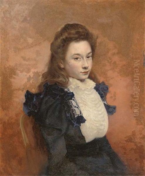 Portrait Of A Girl, Seated, In A Blue Dress Oil Painting by Edouard De Bergevin