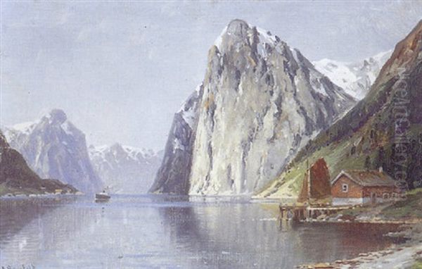 Fjordparti Med Hytte, I Baggrunden Sneklaedte Bjerge Oil Painting by Carl Bergfeld