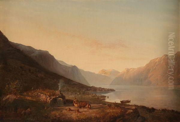 Fjordlandskap Oil Painting by Anton Bergh