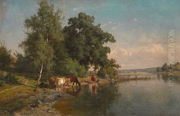 Landskap Med Kyr Oil Painting by Edward (Johan-Edvard) Bergh