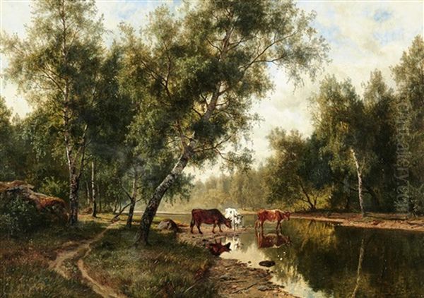 Landskap Med Kor Vid Ett Vattendrag Oil Painting by Edward (Johan-Edvard) Bergh