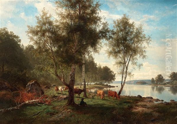 Summer Landscape With Cattle And Birches Oil Painting by Edward (Johan-Edvard) Bergh