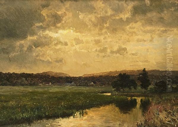 Flodlandskap I Solnedgang Oil Painting by Edward (Johan-Edvard) Bergh