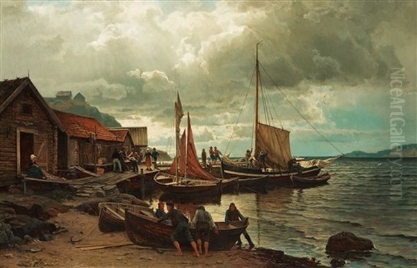 At The Harbour Oil Painting by Edward (Johan-Edvard) Bergh