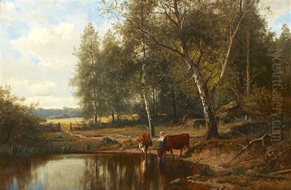 Landskap Med Kor Och Vallflicka Oil Painting by Edward (Johan-Edvard) Bergh