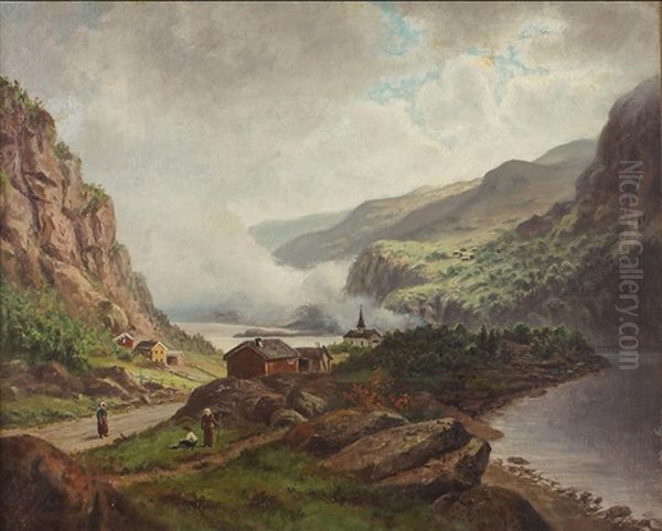 Fjordlandskap Med Byggnader Och Figurer Oil Painting by Edward (Johan-Edvard) Bergh